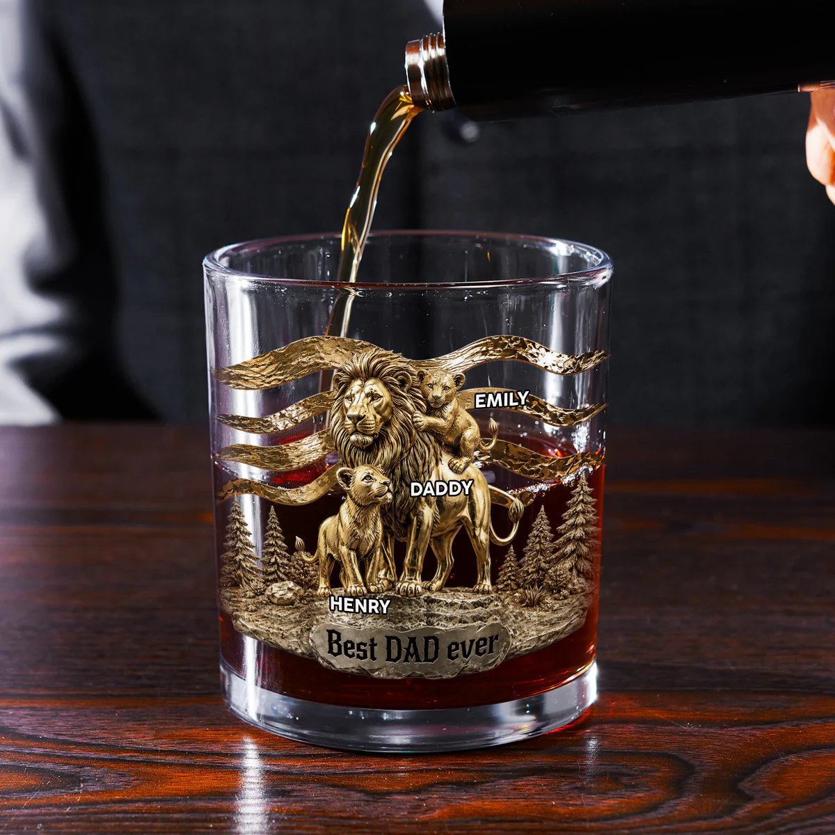 Lion Dad And Kids - Personalized Custom Whiskey Glass - Image 2