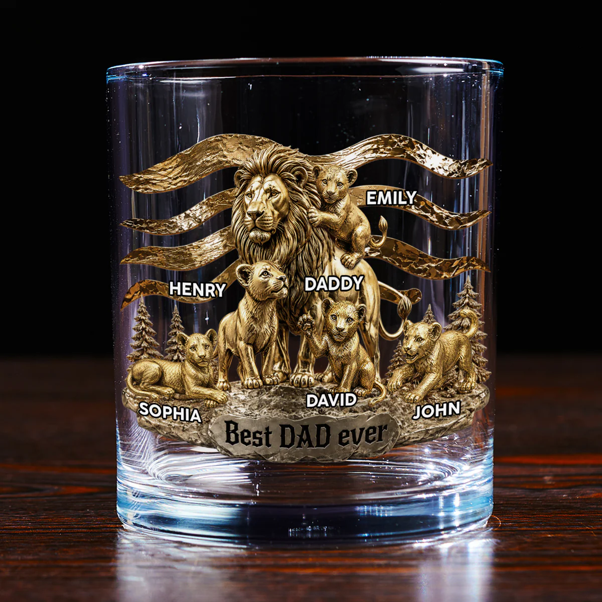 Lion Dad And Kids - Personalized Custom Whiskey Glass - Image 4