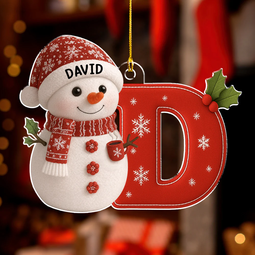 Little Snowman Joy With Letter - Personalized Custom Acrylic Ornament - Image 3