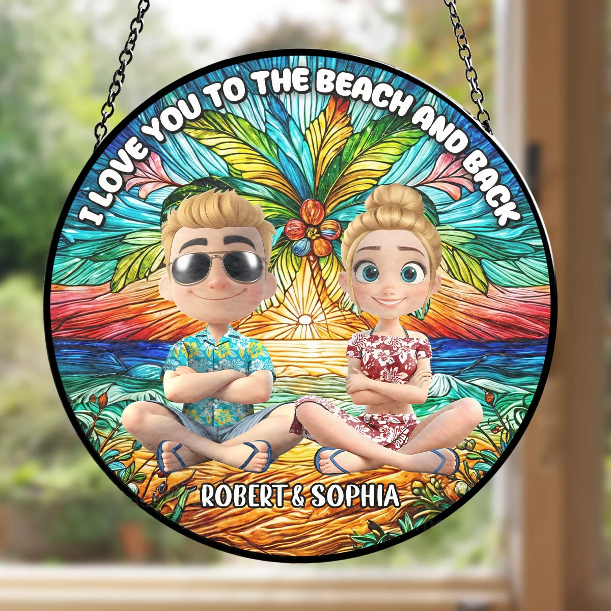 Love You To The Moon And Back Cartoonize - Personalized Custom Stained Glass Window Hanging Suncatcher