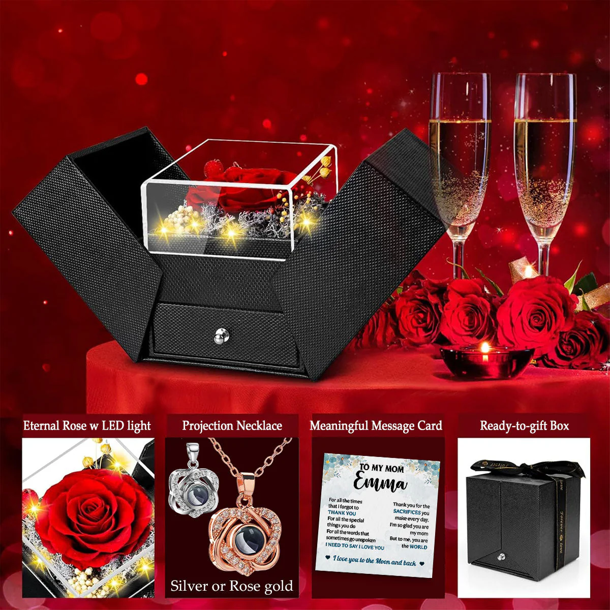 Love You To The Moon And Back - Personalized Custom Preserved Rose With Projection Necklace - Image 3