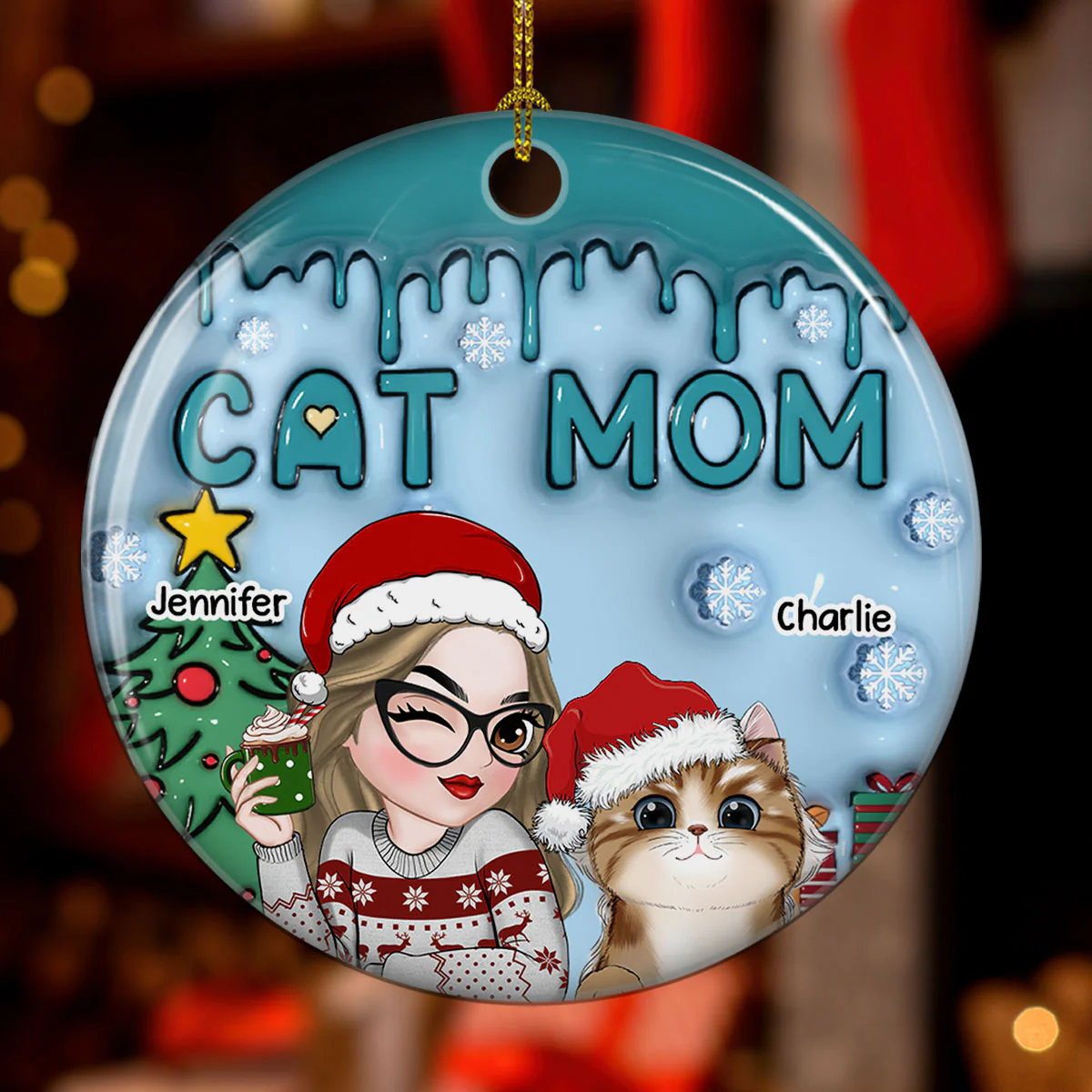 Lovely Cat Mom - Personalized Custom 3D Inflated Effect Ceramic Ornament - Image 2
