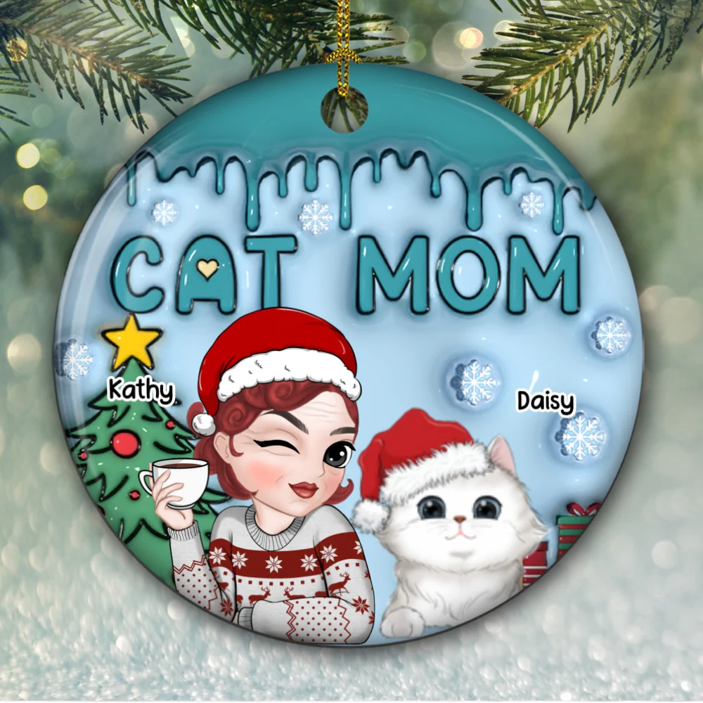 Lovely Cat Mom - Personalized Custom 3D Inflated Effect Ceramic Ornament - Image 6