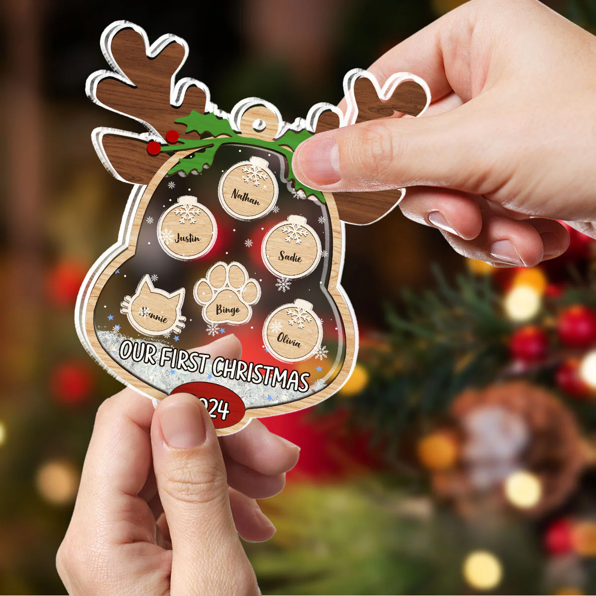 Lovely Reindeer Family - Personalized Custom Acrylic Shaker Ornament - Image 2