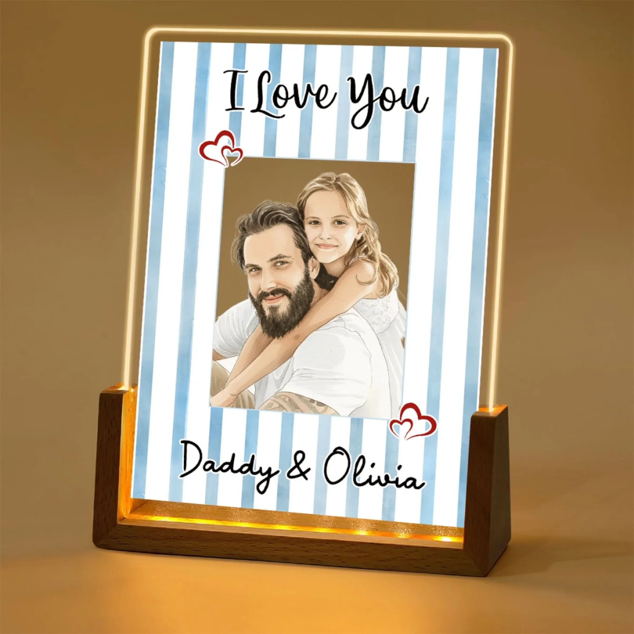 Me and Daddy Portrait Watercolor - Personalized Custom Plaque With Walnut Base