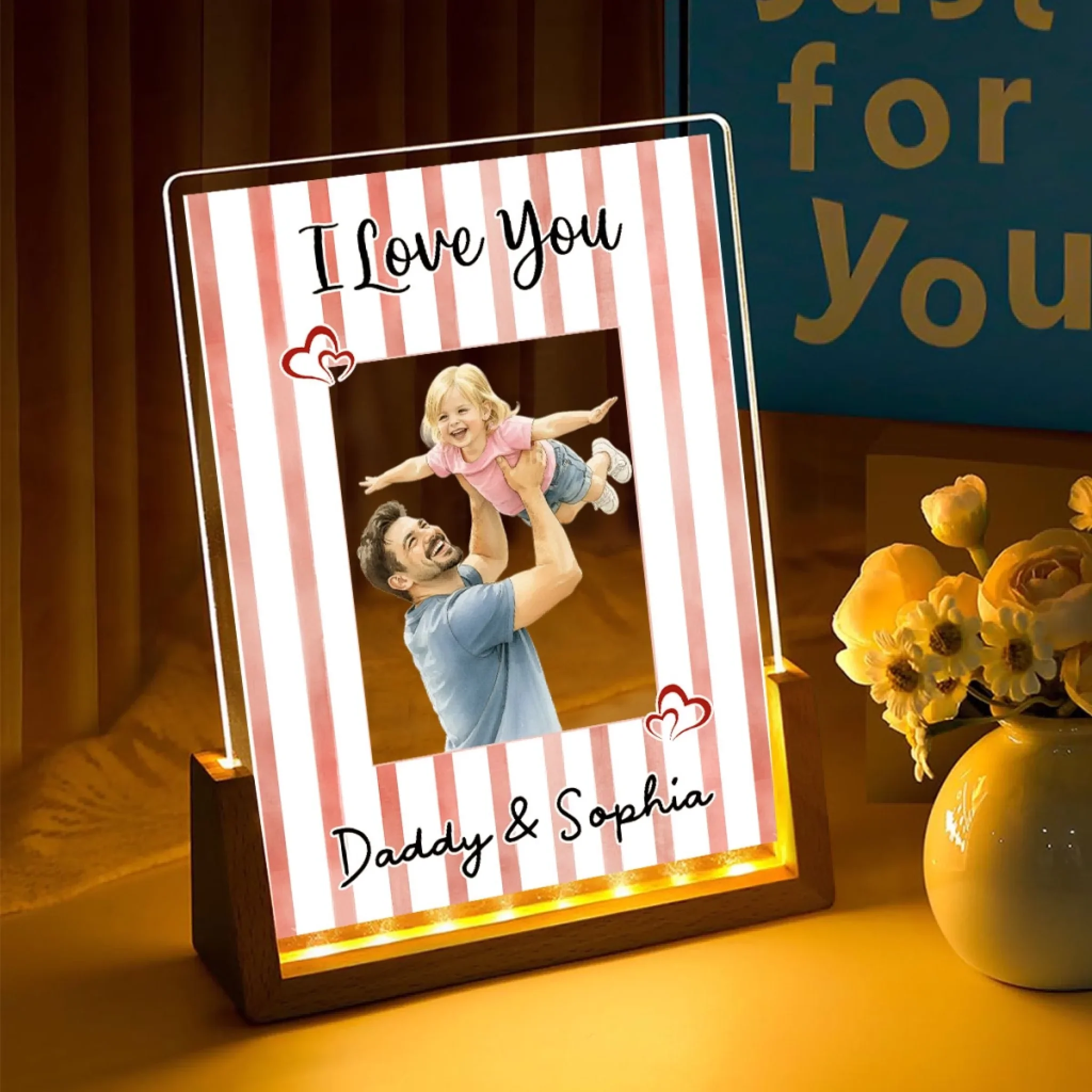 Me and Daddy Portrait Watercolor - Personalized Custom Plaque With Walnut Base - Image 2