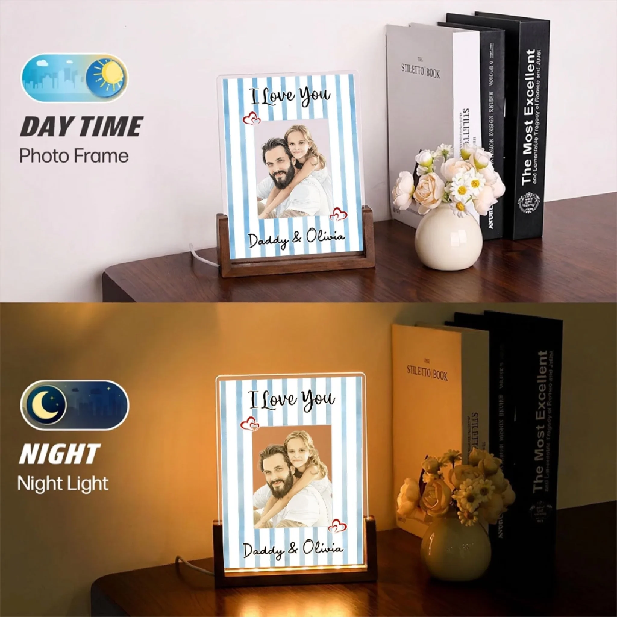 Me and Daddy Portrait Watercolor - Personalized Custom Plaque With Walnut Base - Image 5