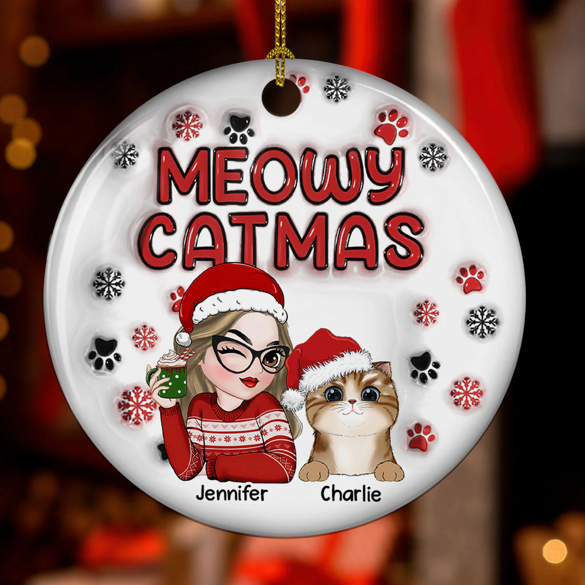 Meowy Catmas Cat Mom - Personalized Custom 3D Inflated Effect Ceramic Ornament - Image 2
