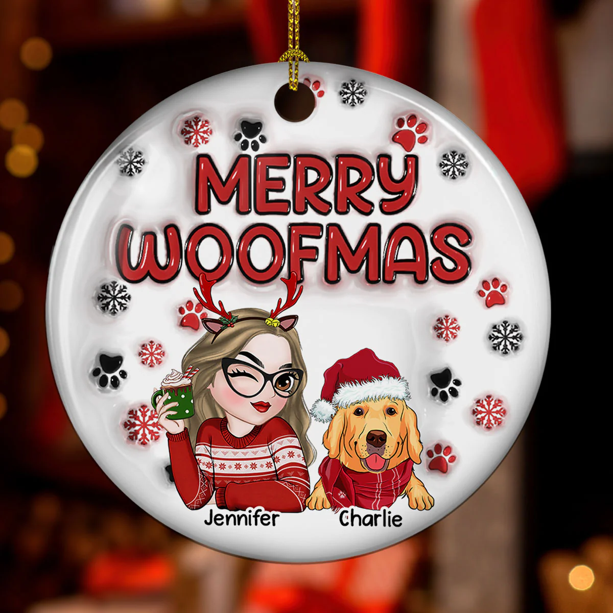Merry Woofmas Dog Mom - Personalized Custom 3D Inflated Effect Ceramic Ornament - Image 2