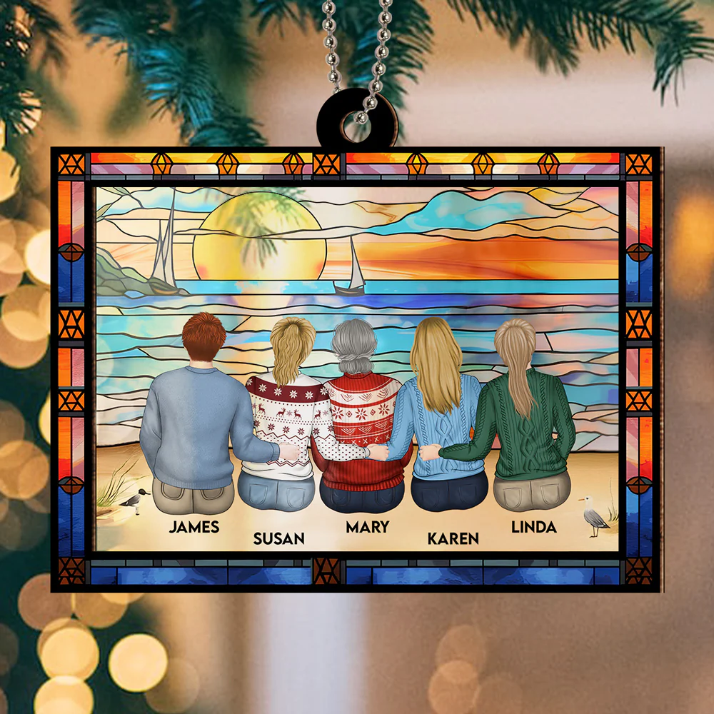 Mom And Children Sitting On The Beach - Personalized Custom Suncatcher Ornament - Image 2