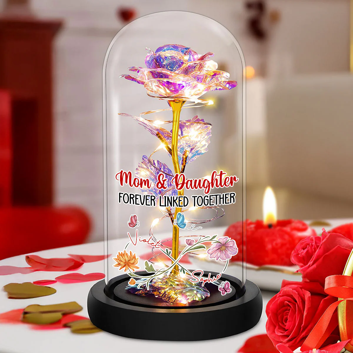 Mom And Daughter Forever Linked Together - Personalized Custom Sparkly Rose - Image 2