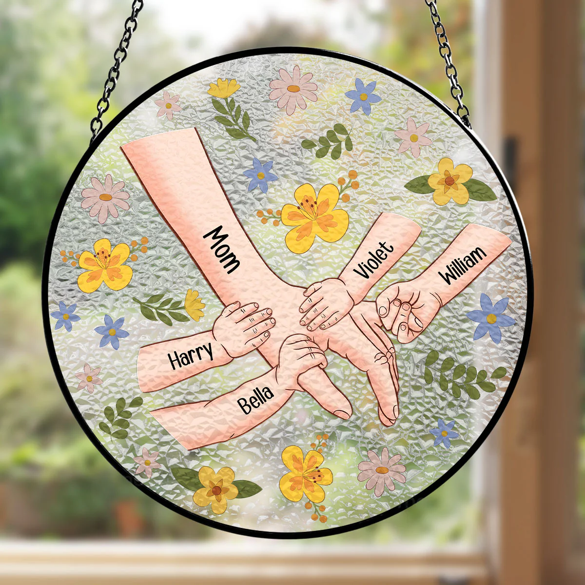 Mom Hold My Hand Also My Heart - Personalized Custom Window Hanging Suncatcher