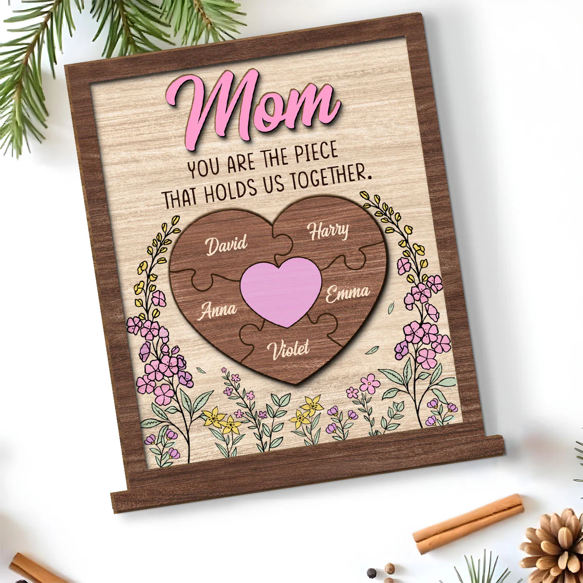 Mom Is The Piece That Holds Us Together - Personalized Custom 2-Layer Wood Plaque With Flat Base - Image 3