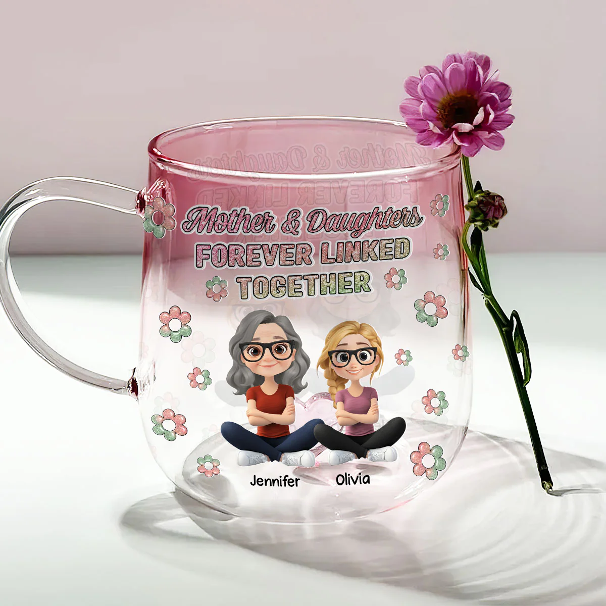Mother And Daughter Linked Forever Cartoonize - Personalized Custom Pink Gradient Glass Mug - Image 2