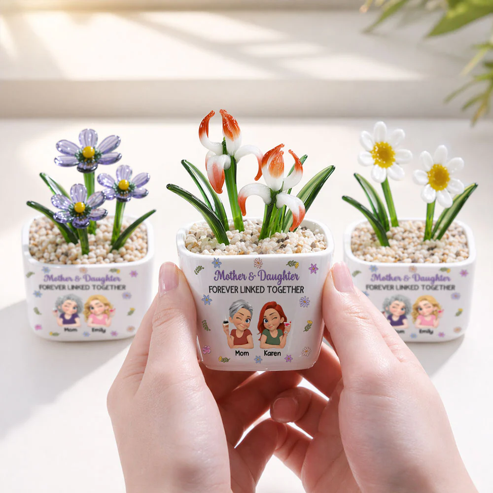 Mother And Daughter Linked Together Cartoon - Personalized Custom Glass Birth Month Flower - Image 3