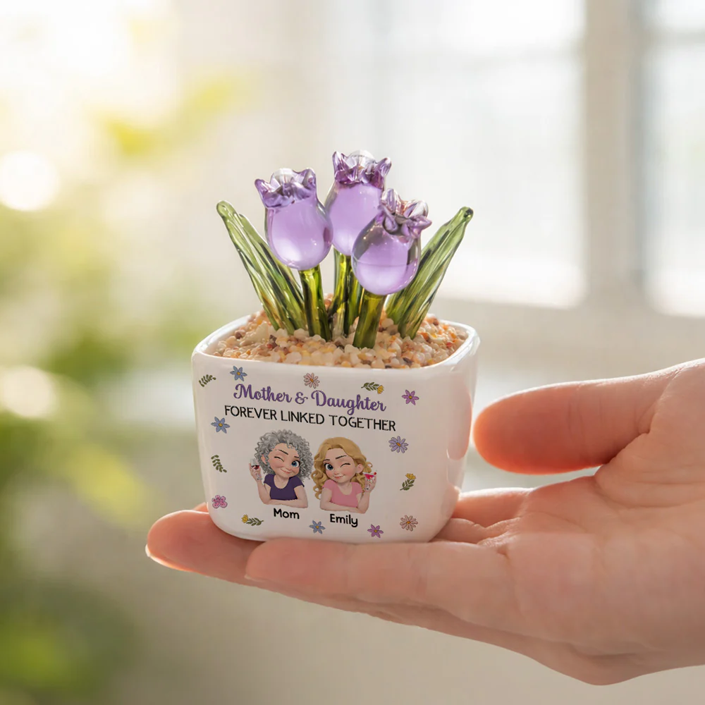 Mother And Daughter Linked Together Cartoon - Personalized Custom Glass Everlasting Tulips - Image 3