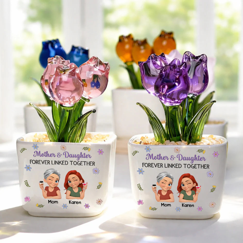 Mother And Daughter Linked Together Cartoon - Personalized Custom Glass Everlasting Tulips - Image 4