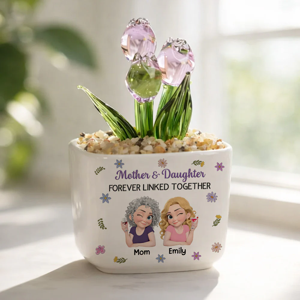 Mother And Daughter Linked Together Cartoon - Personalized Custom Glass Everlasting Tulips - Image 5