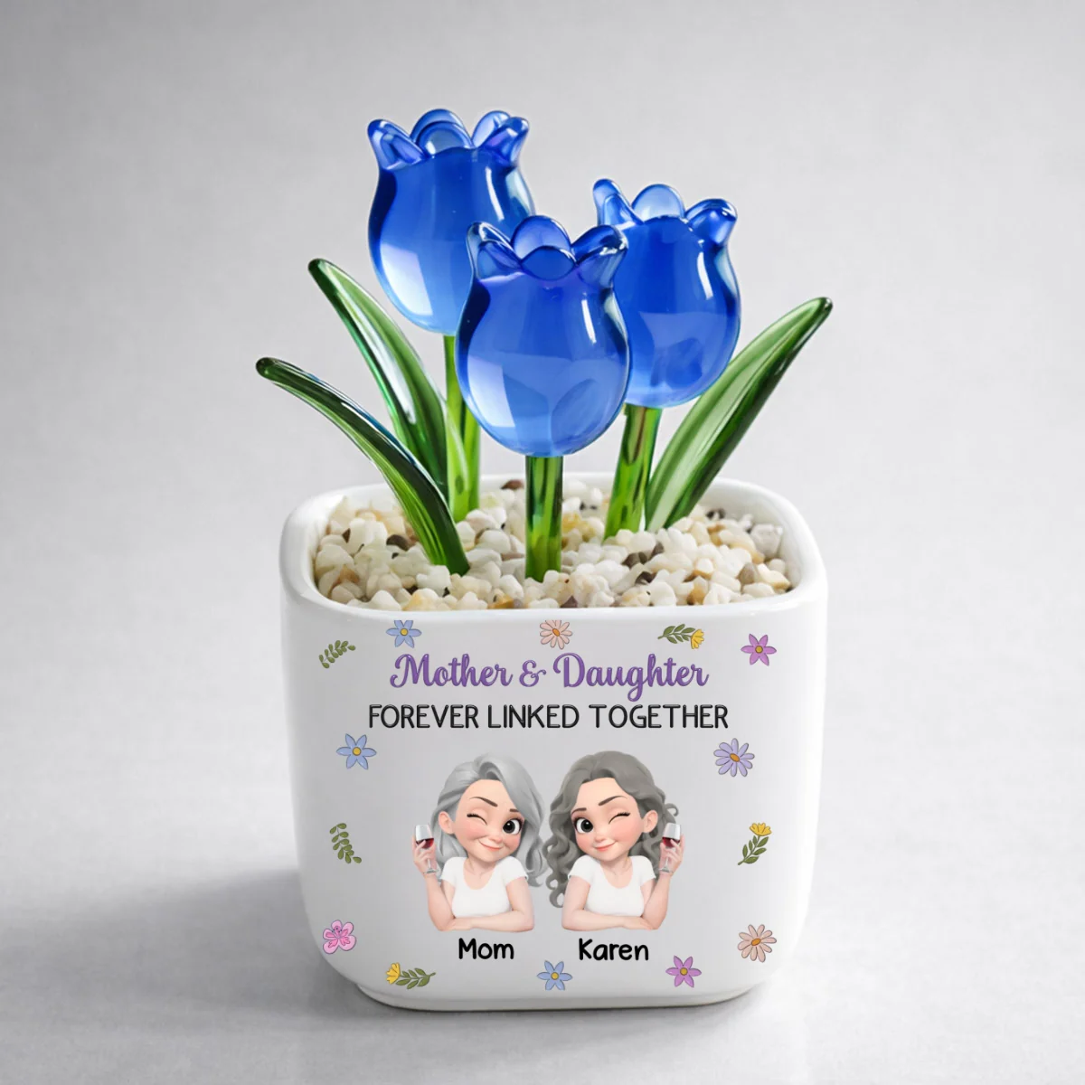 Mother And Daughter Linked Together Cartoon - Personalized Custom Glass Everlasting Tulips - Image 7