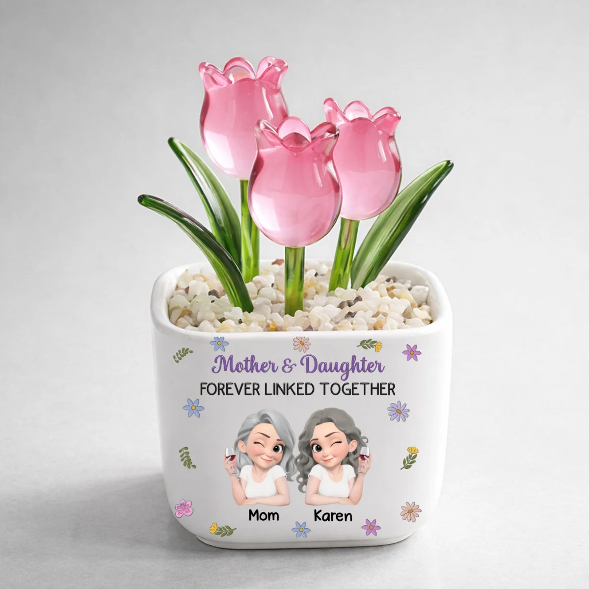 Mother And Daughter Linked Together Cartoon - Personalized Custom Glass Everlasting Tulips - Image 8
