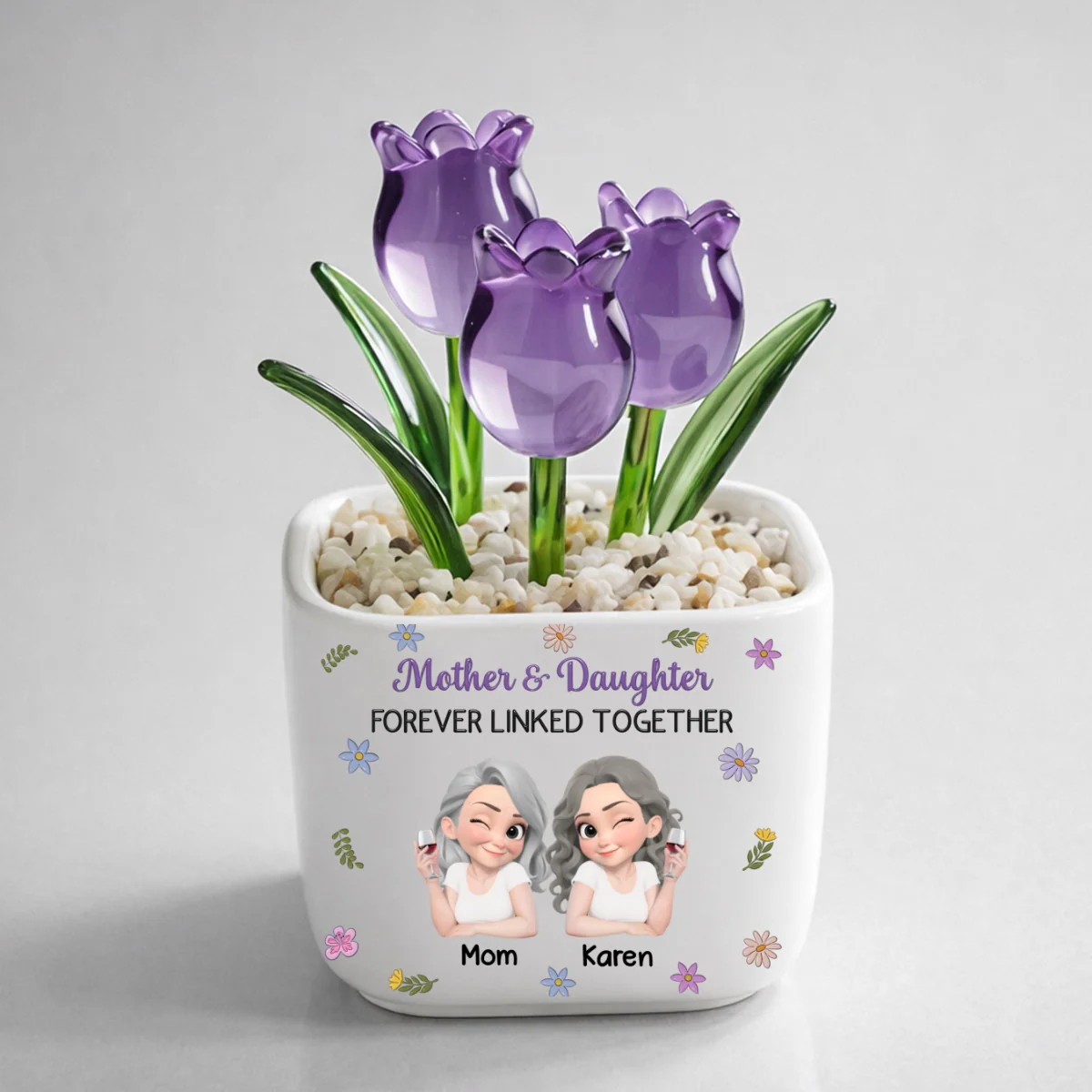 Mother And Daughter Linked Together Cartoon - Personalized Custom Glass Everlasting Tulips - Image 9