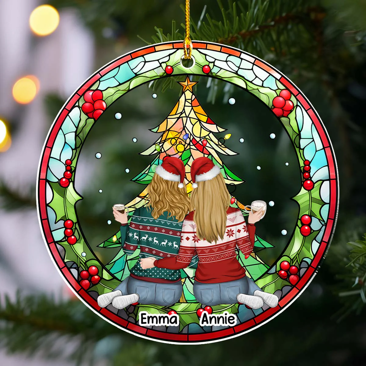 Mother And Daughter, Sister, Bestie Sitting Together - Personalized Custom Acrylic Ornament - Image 5