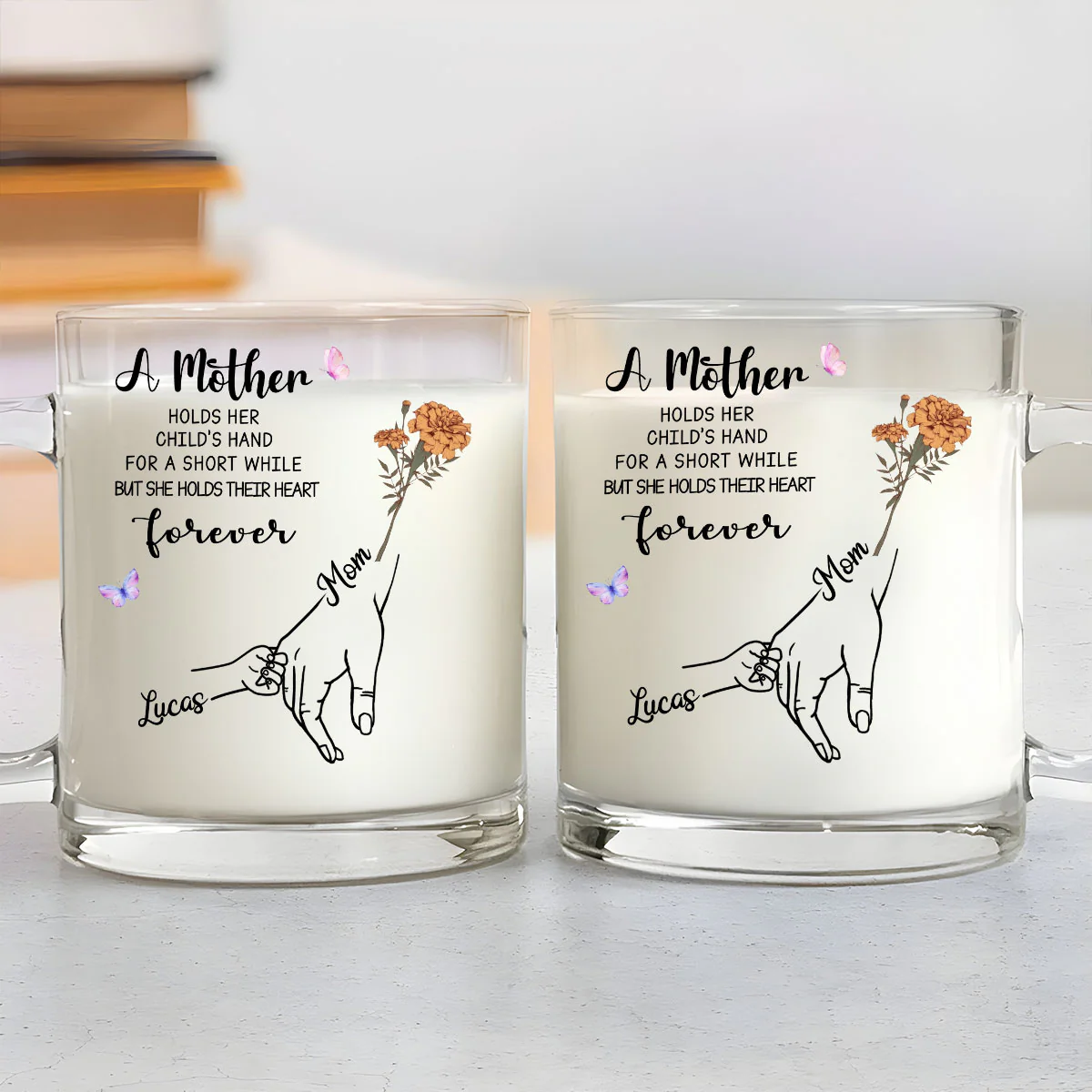 Mother Holds Her Children Heart Forever - Personalized Custom Glass Mug - Image 3