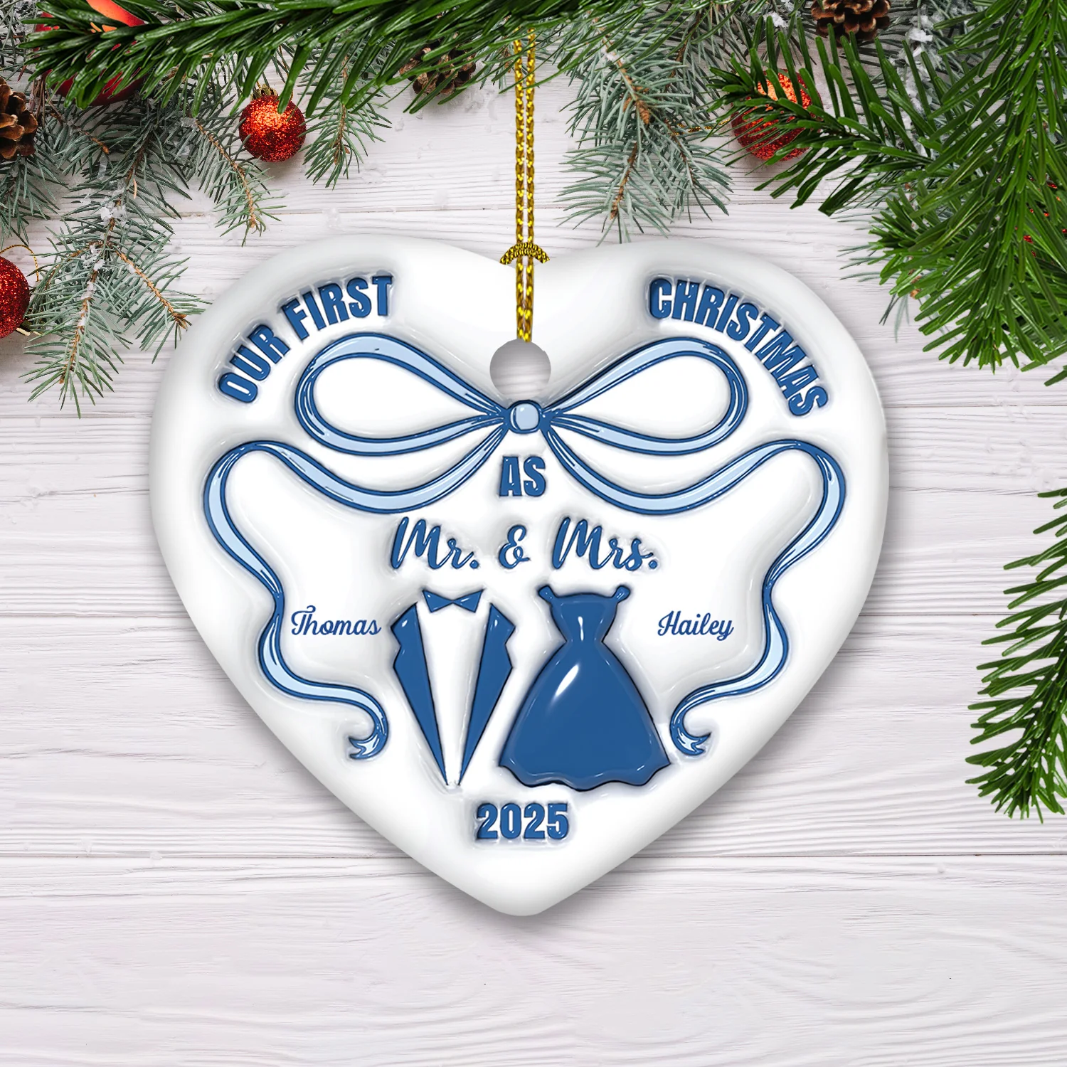 Mr And Mrs Blue - Personalized Custom 3D Inflated Effect Ceramic Ornament - Image 2