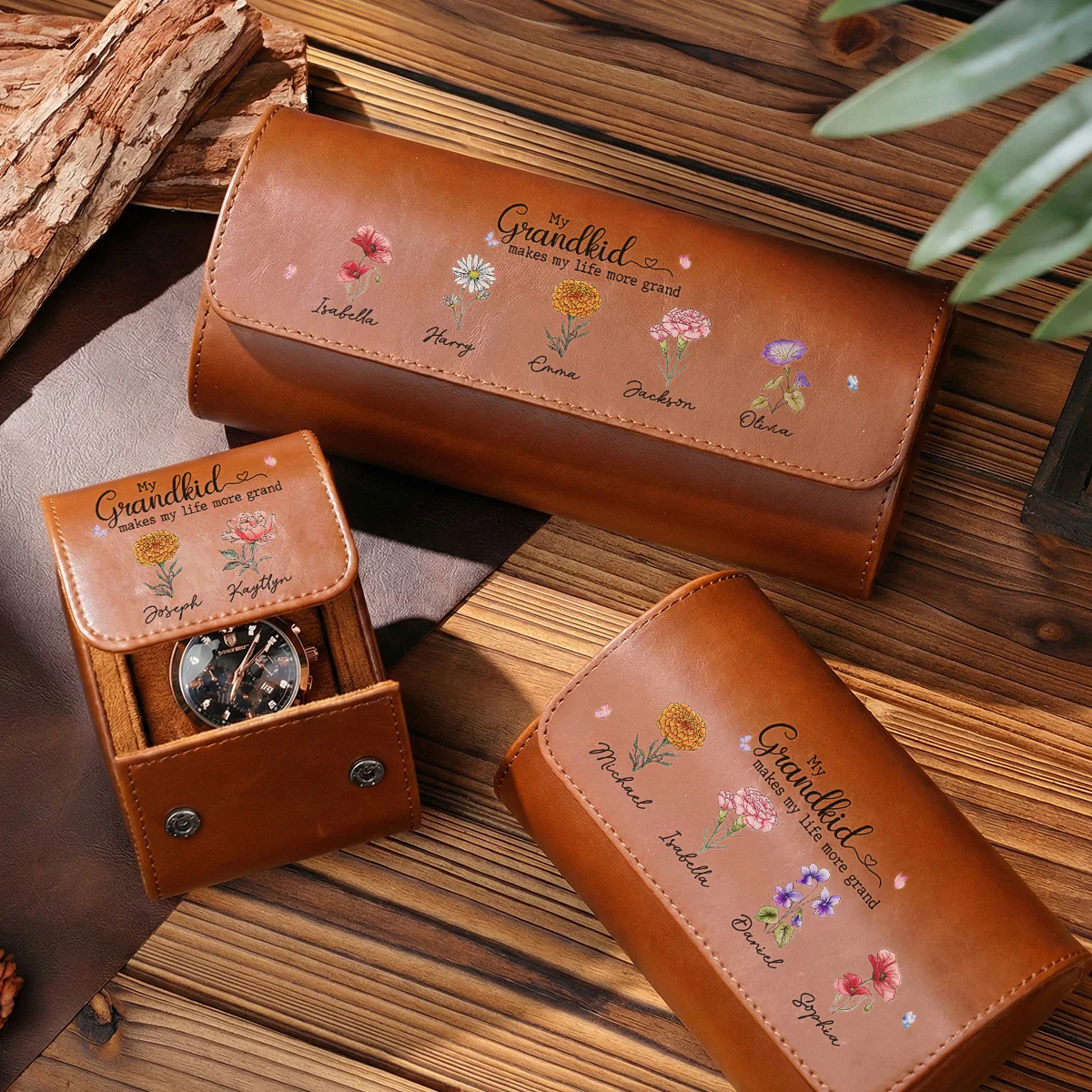 My Grandkids Make My Life More Grand - Personalized Custom Leather Watch Case - Image 4
