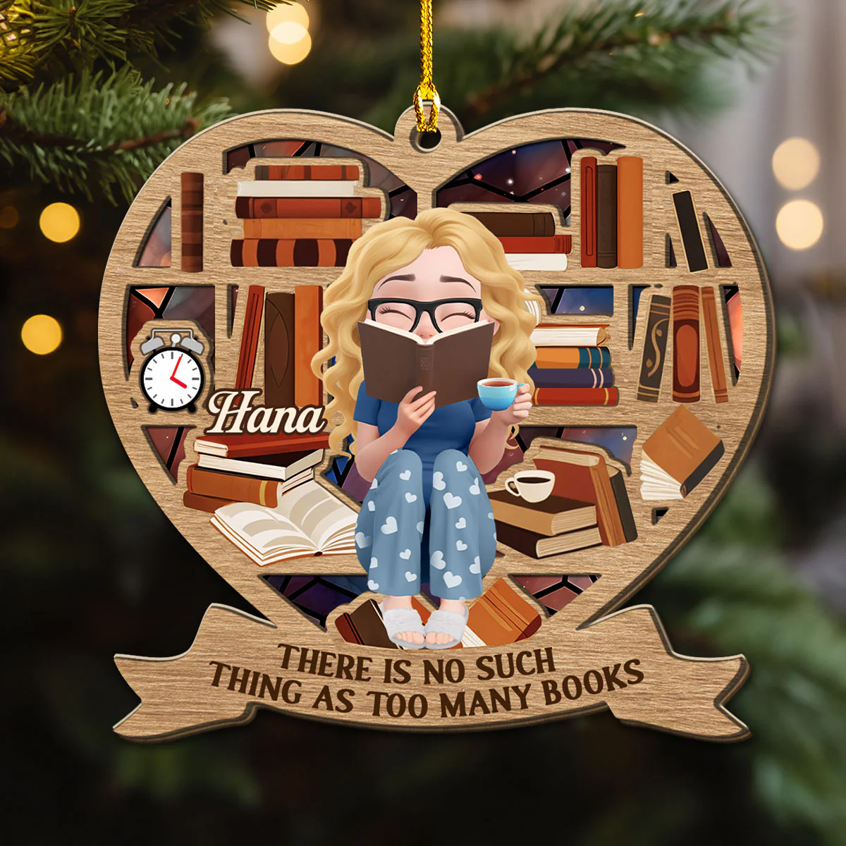 My Heart Belongs To Books - Personalized Custom 3D Effect Wood Ornament - Image 4