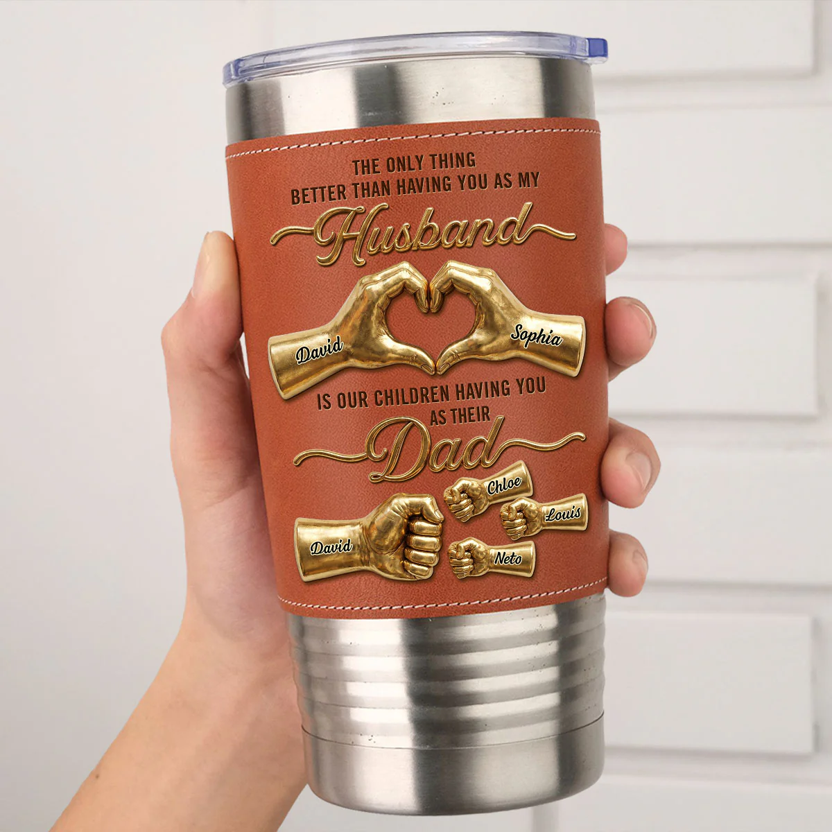 My Love Their Hero - Personalized Custom Leather Tumbler - Image 5