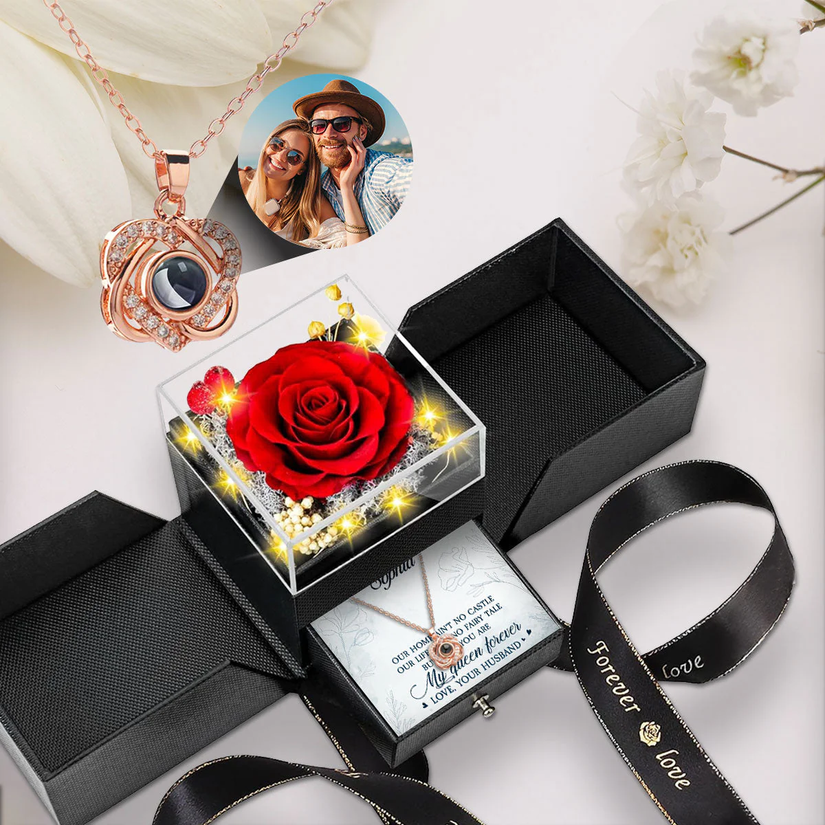 My Queen Forever - Personalized Custom Preserved Rose With Projection Necklace - Image 4