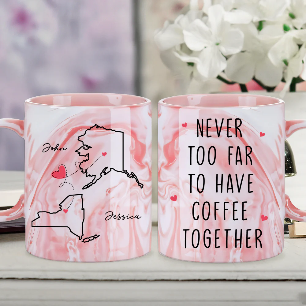 Never Too Far - Personalized Custom Pink Marble Mug - Image 5