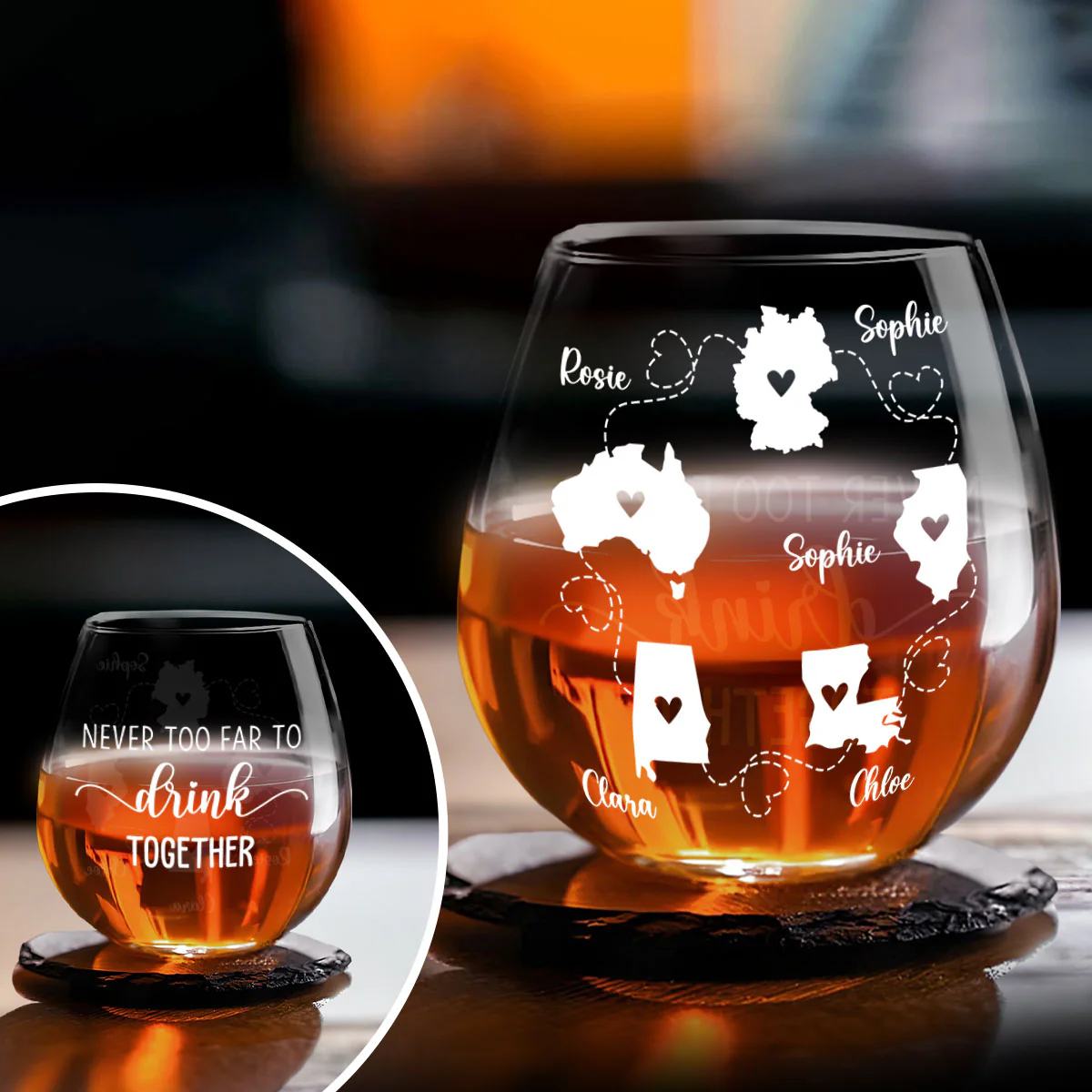 Never Too Far To Drink Together Ver 2 - Personalized Custom Wine Glass - Image 4