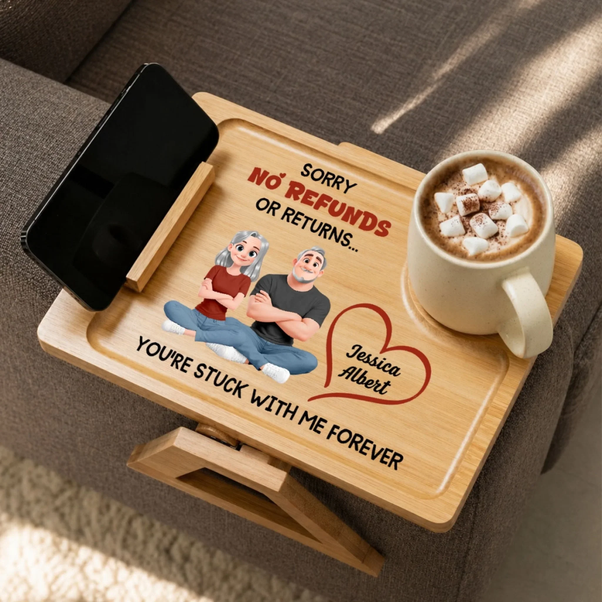 No Returns Allowed - Personalized Custom Wooden Couch Arm Table