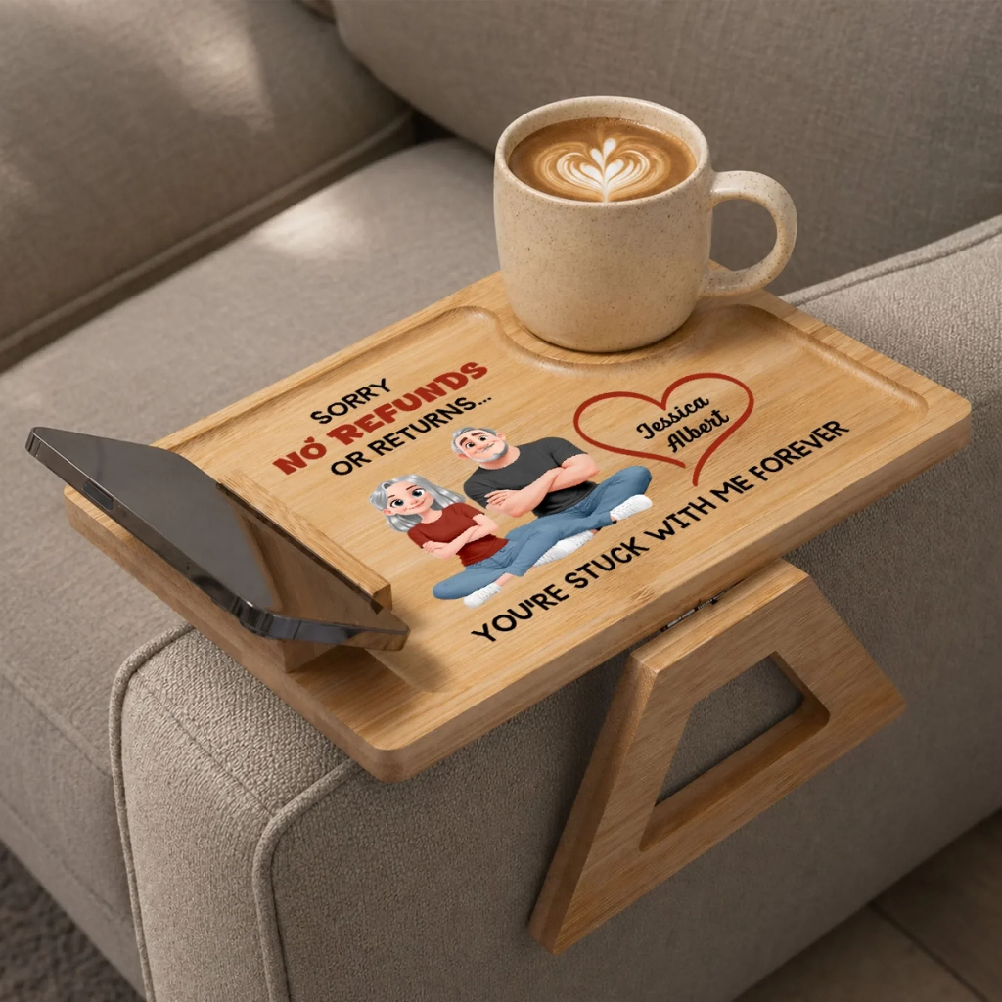 No Returns Allowed - Personalized Custom Wooden Couch Arm Table - Image 2