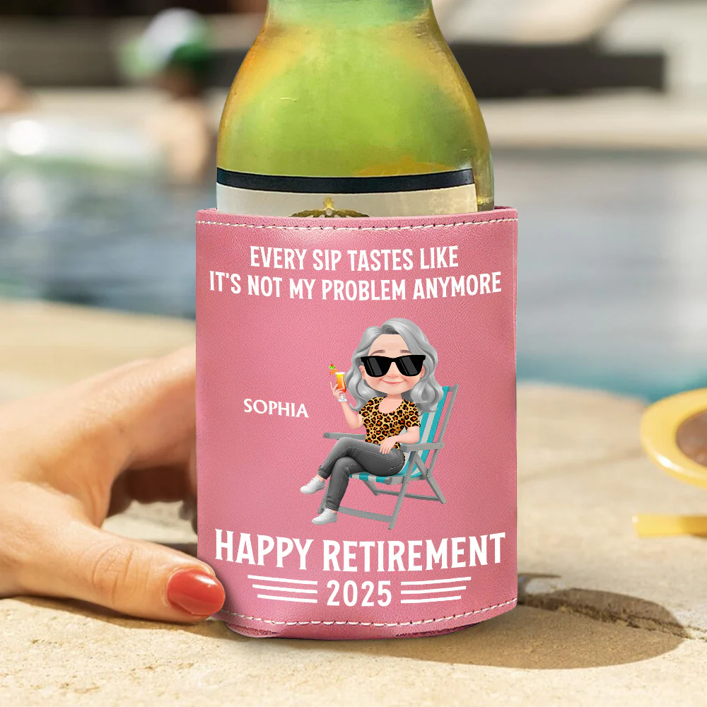 Not My Problem Anymore - Personalized Custom Pink Leather Can Cooler Holder - Image 2