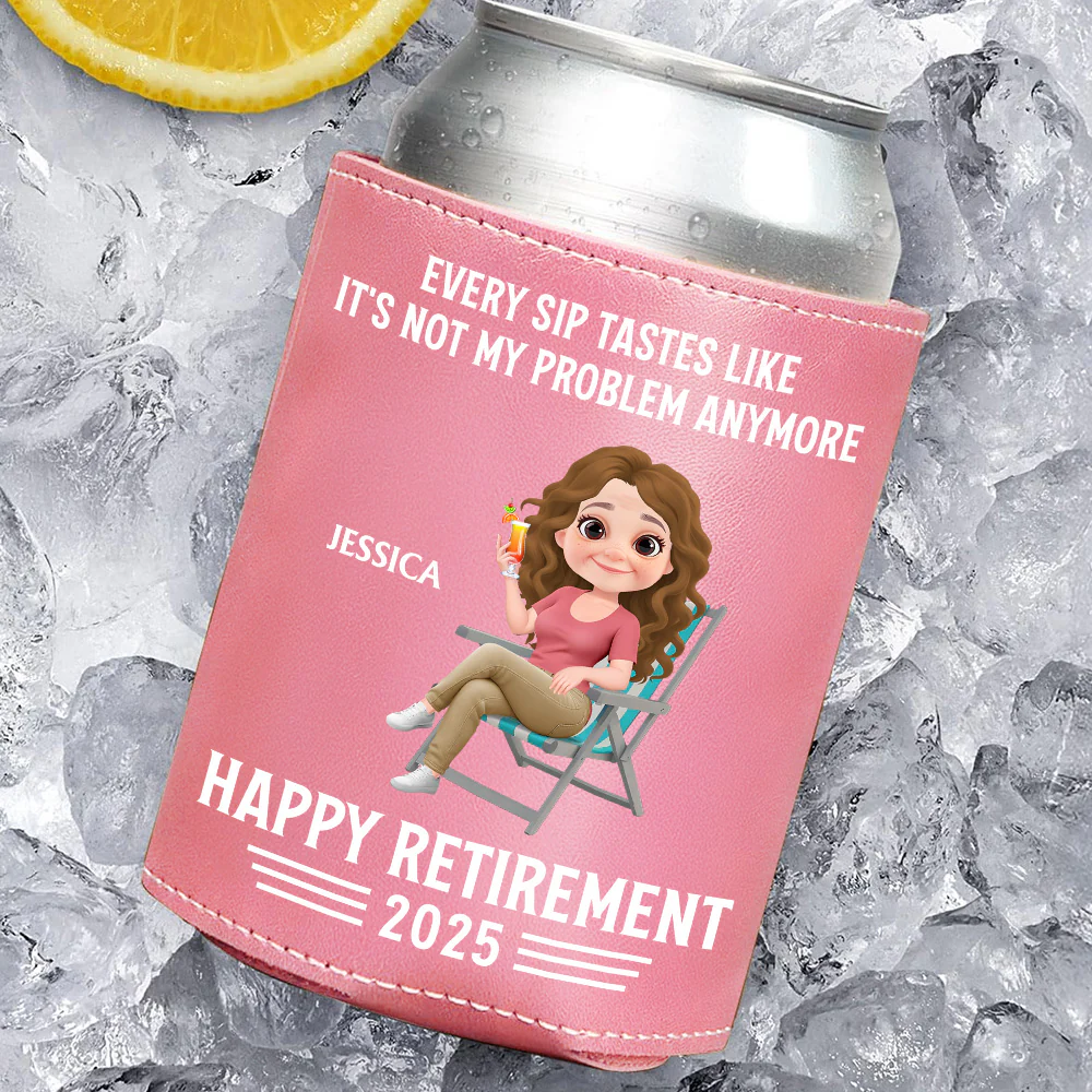 Not My Problem Anymore - Personalized Custom Pink Leather Can Cooler Holder - Image 3