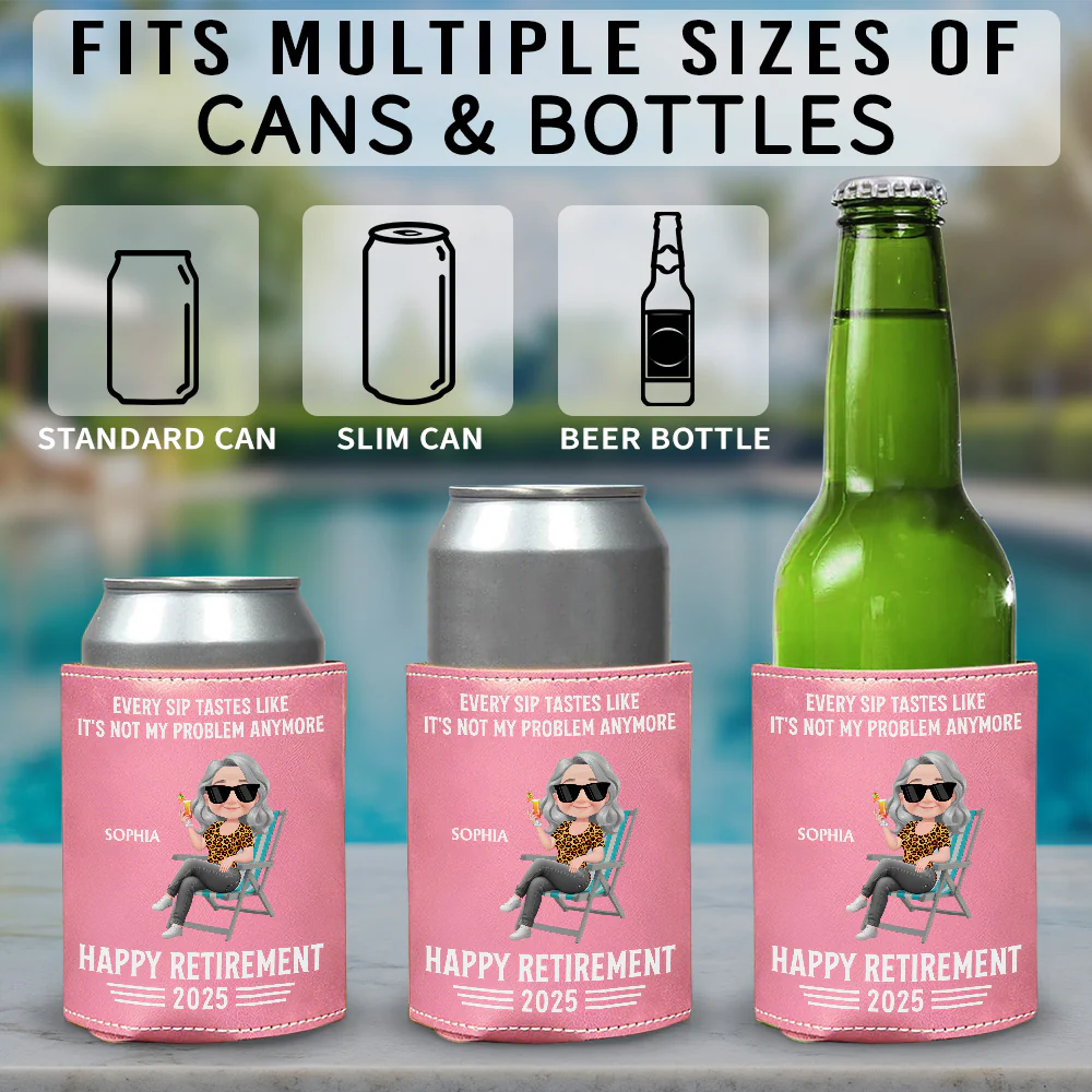 Not My Problem Anymore - Personalized Custom Pink Leather Can Cooler Holder - Image 4