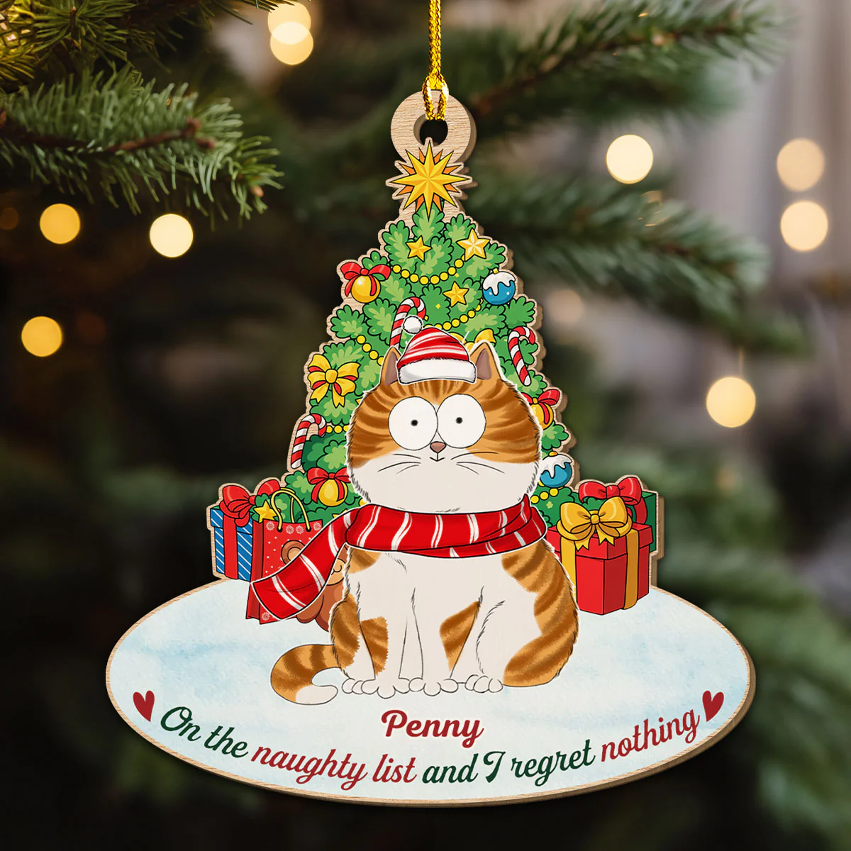 On The Naughty List Cat - Personalized Custom Wood Ornament - Image 2