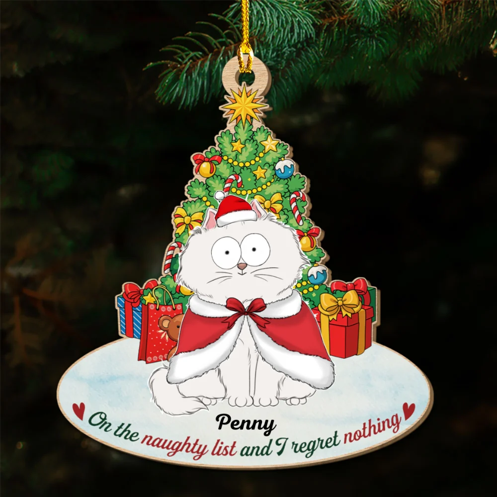 On The Naughty List Cat - Personalized Custom Wood Ornament - Image 6