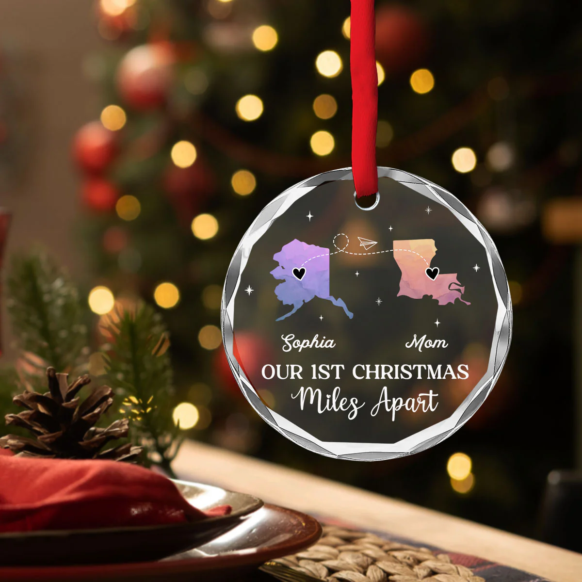 Our Christmas Miles Apart Same Love - Personalized Custom Glass Ornament - Image 3