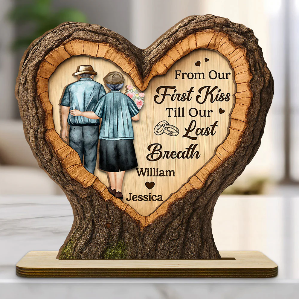 Our Journey Begins With First Kiss - Personalized Custom 2-Layer Wood Plaque With Flat Base
