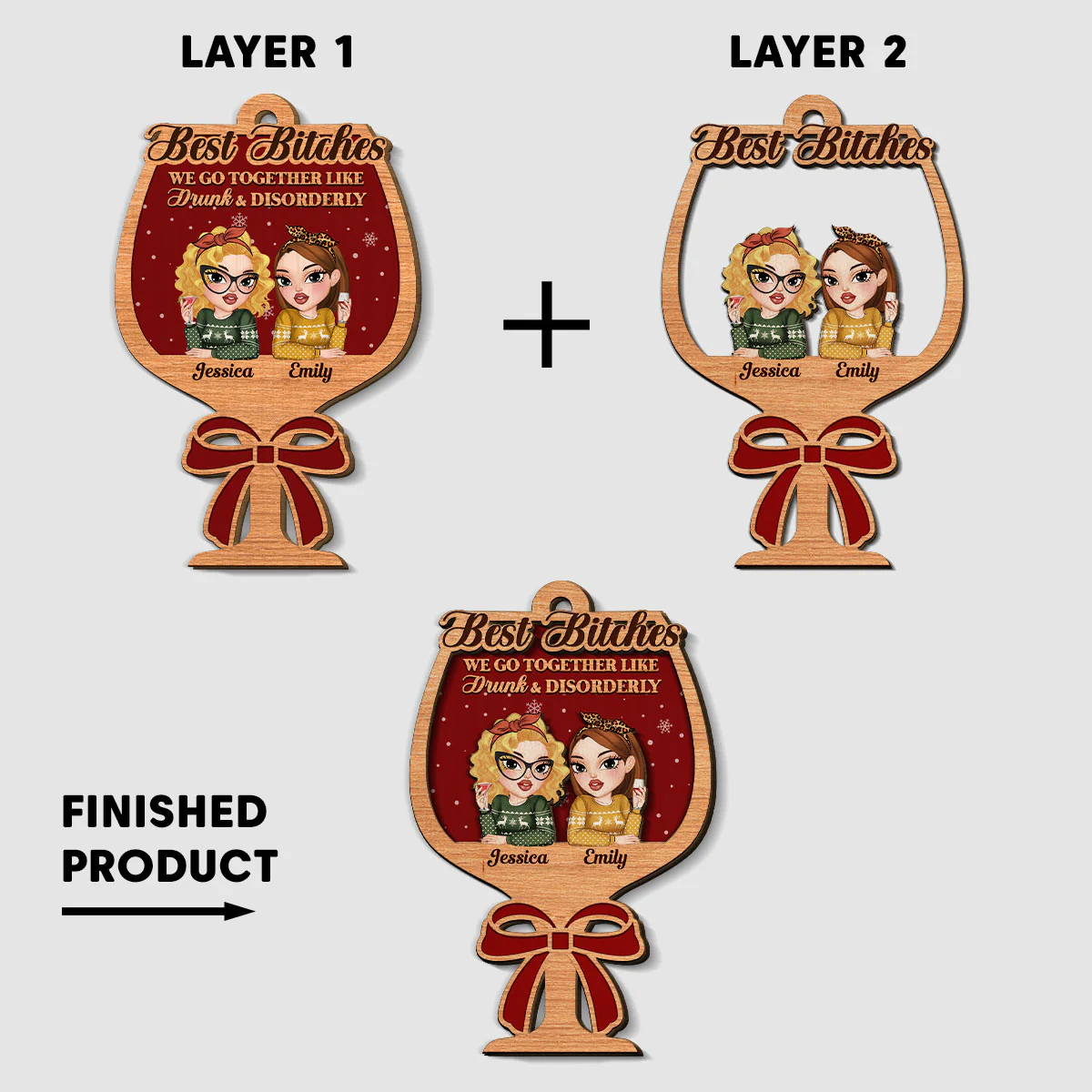 Partners In Wine - Personalized Custom 2-Layered Wood Ornament - Image 5
