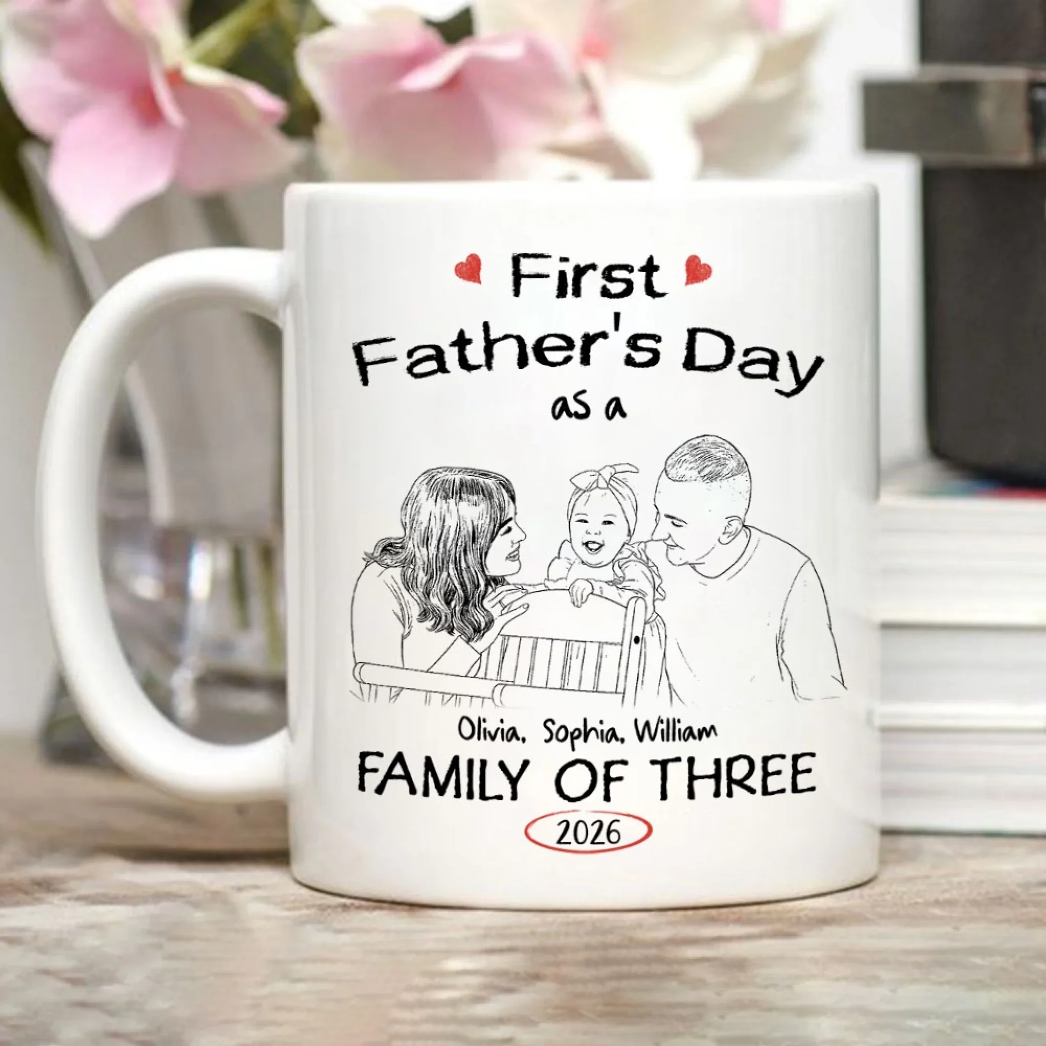 Pencil Sketch As A Family Of Three Fathers Day - Personalized Custom Coffee Mug - Image 3