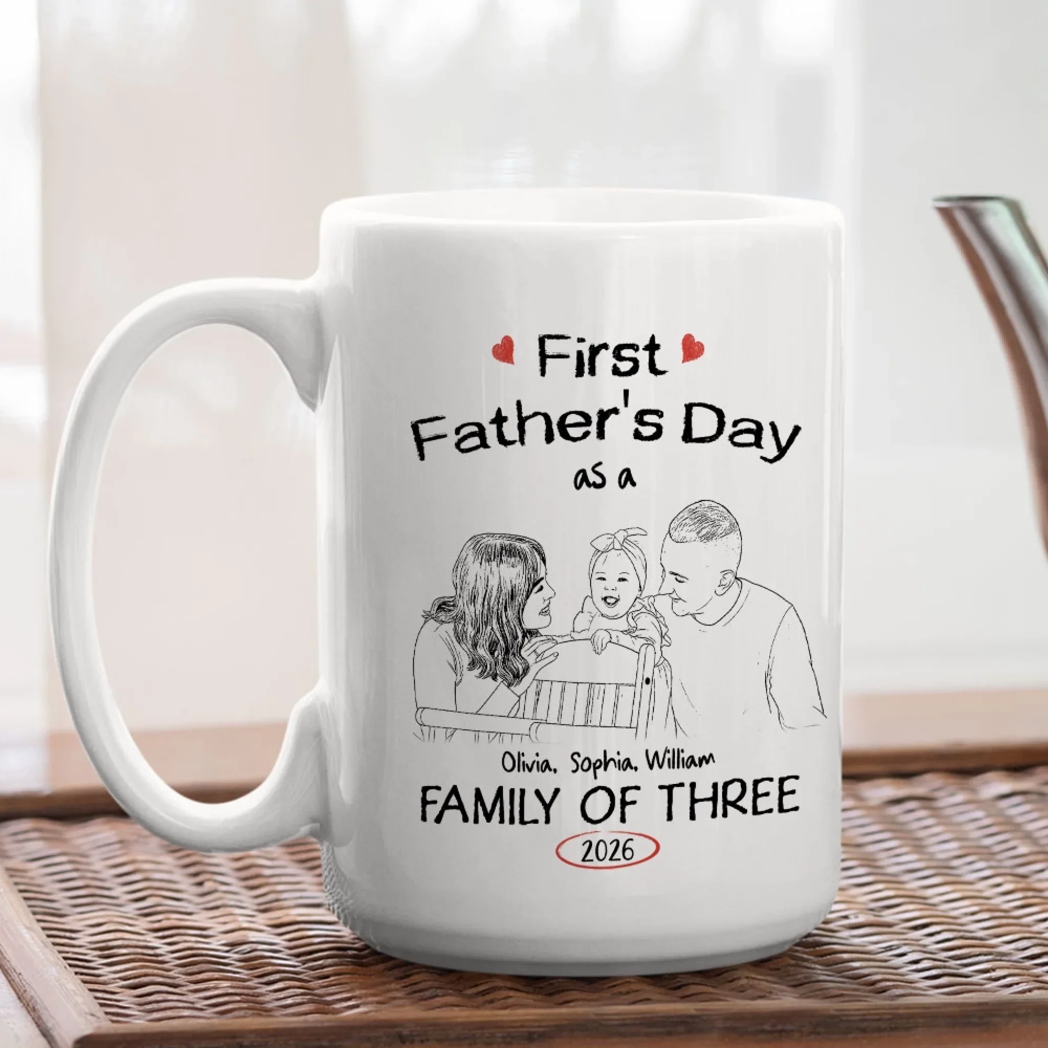 Pencil Sketch As A Family Of Three Fathers Day - Personalized Custom Coffee Mug - Image 4