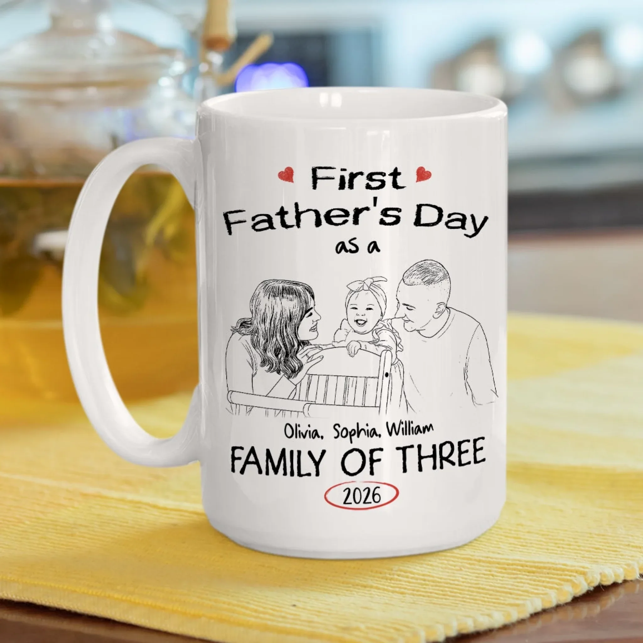 Pencil Sketch As A Family Of Three Fathers Day - Personalized Custom Coffee Mug - Image 5