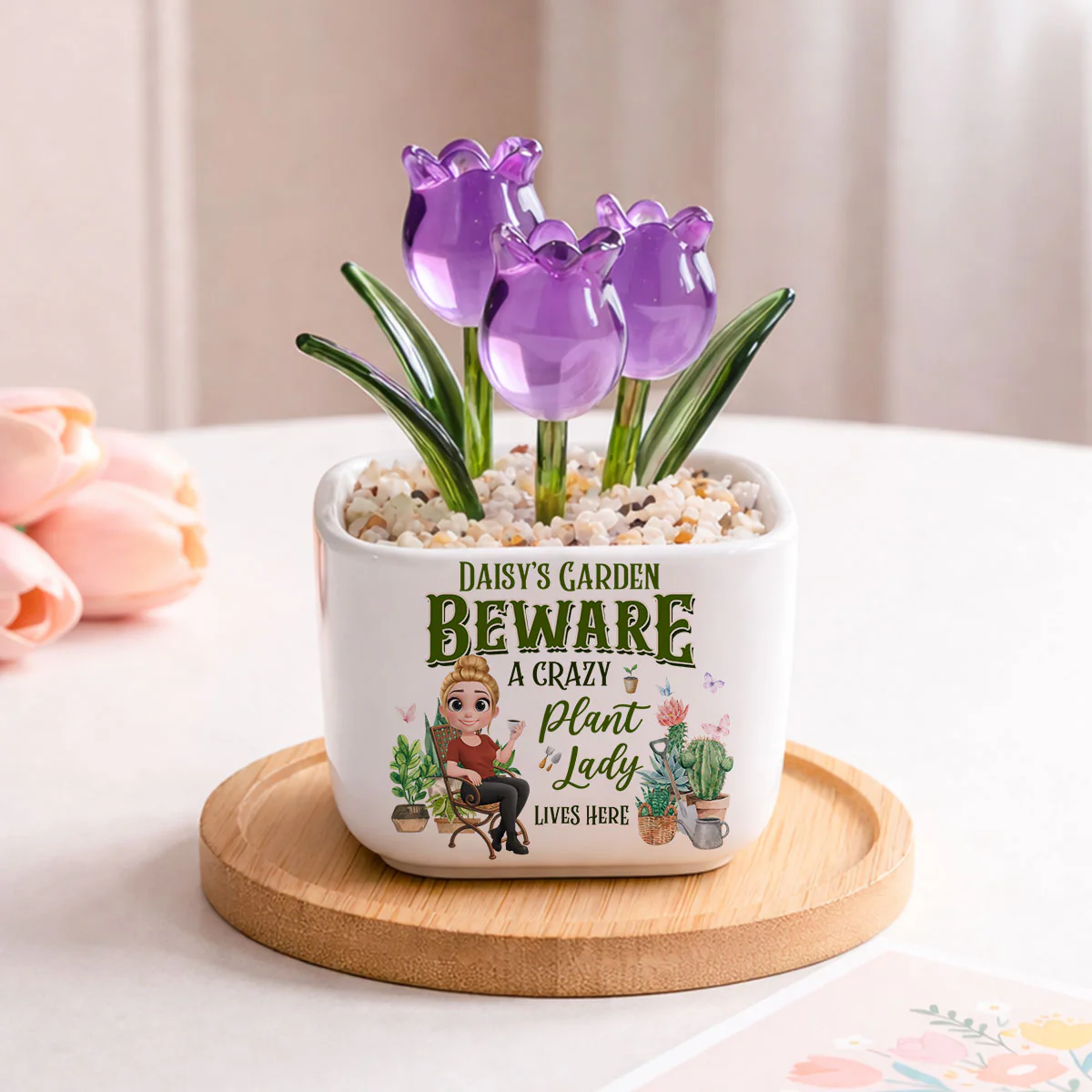 Plant Lady Lives Here - Personalized Custom Glass Everlasting Tulips
