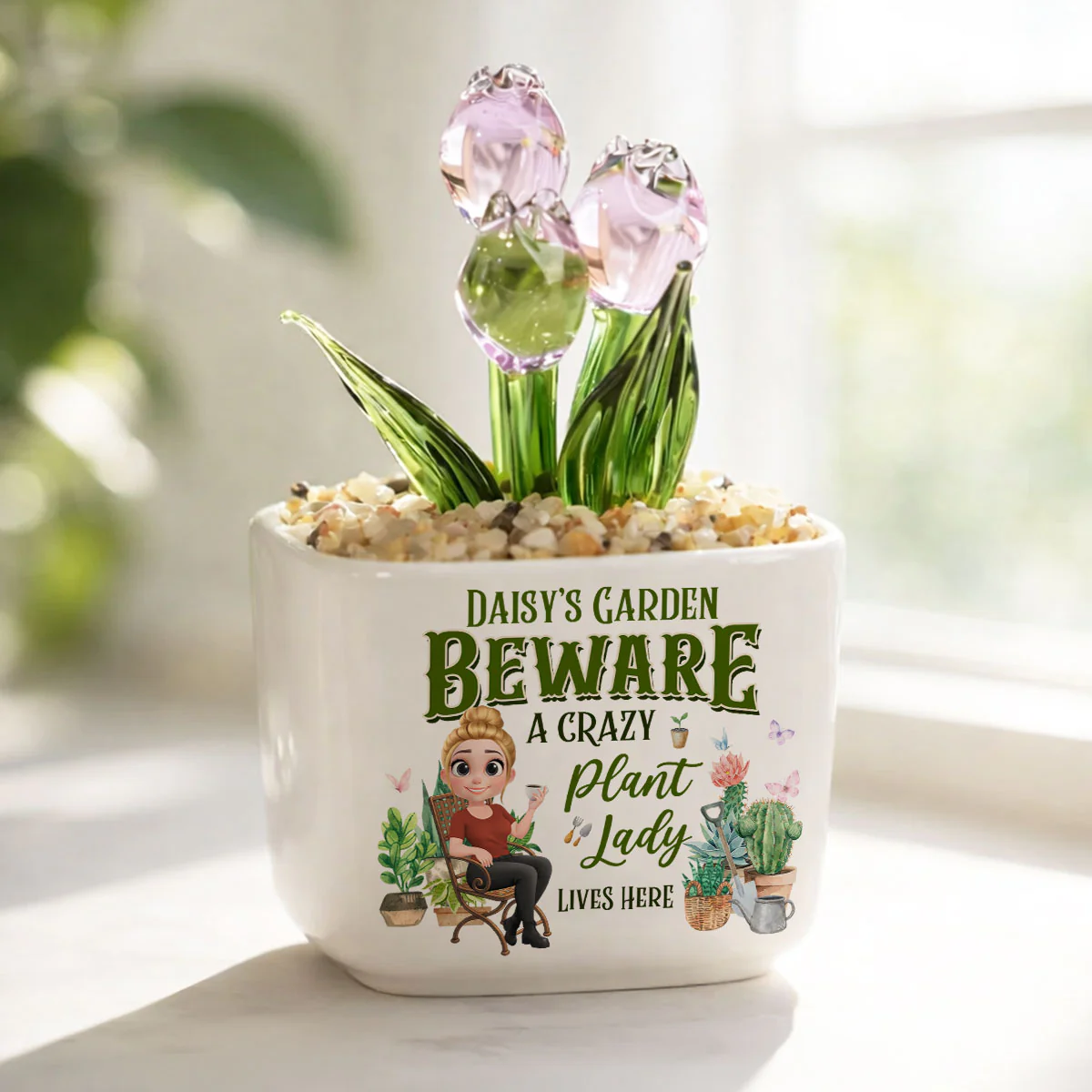 Plant Lady Lives Here - Personalized Custom Glass Everlasting Tulips - Image 2
