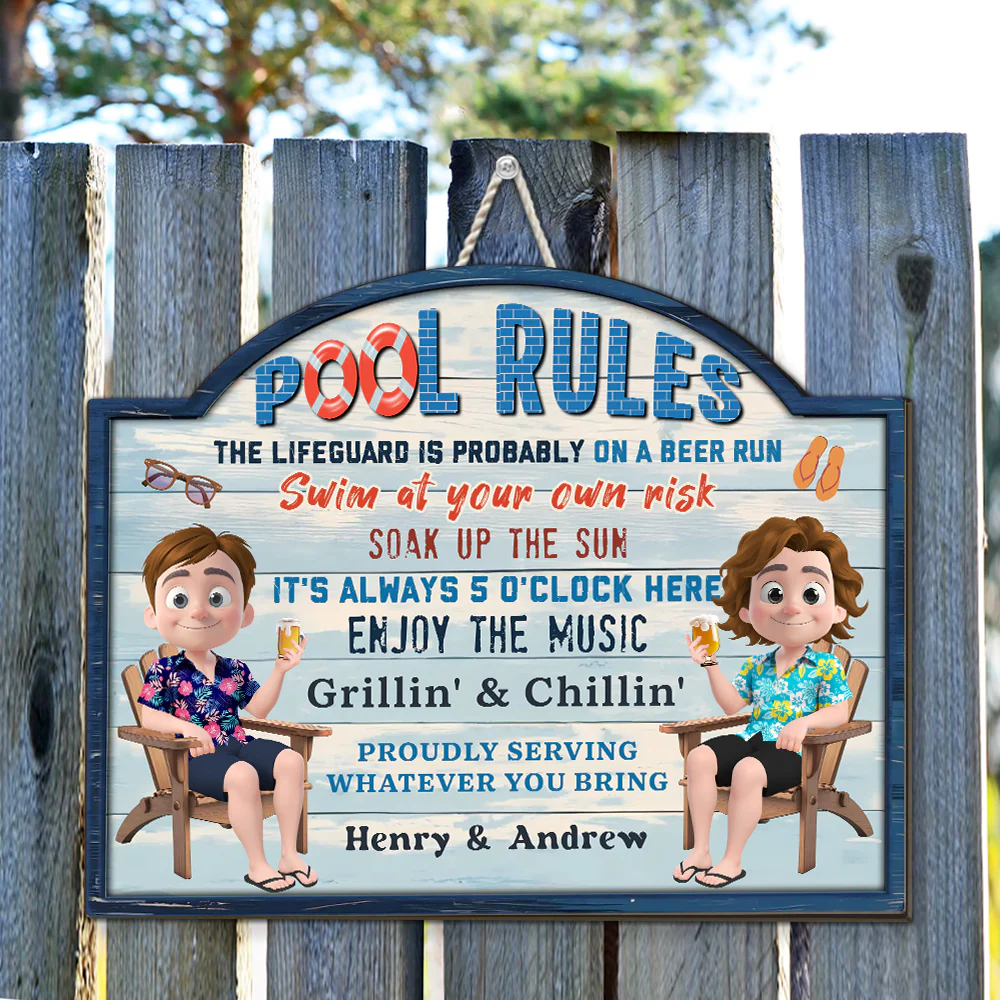 Pool Rules Swim At Our Own Risk - Personalized Custom Wood Sign - Image 3